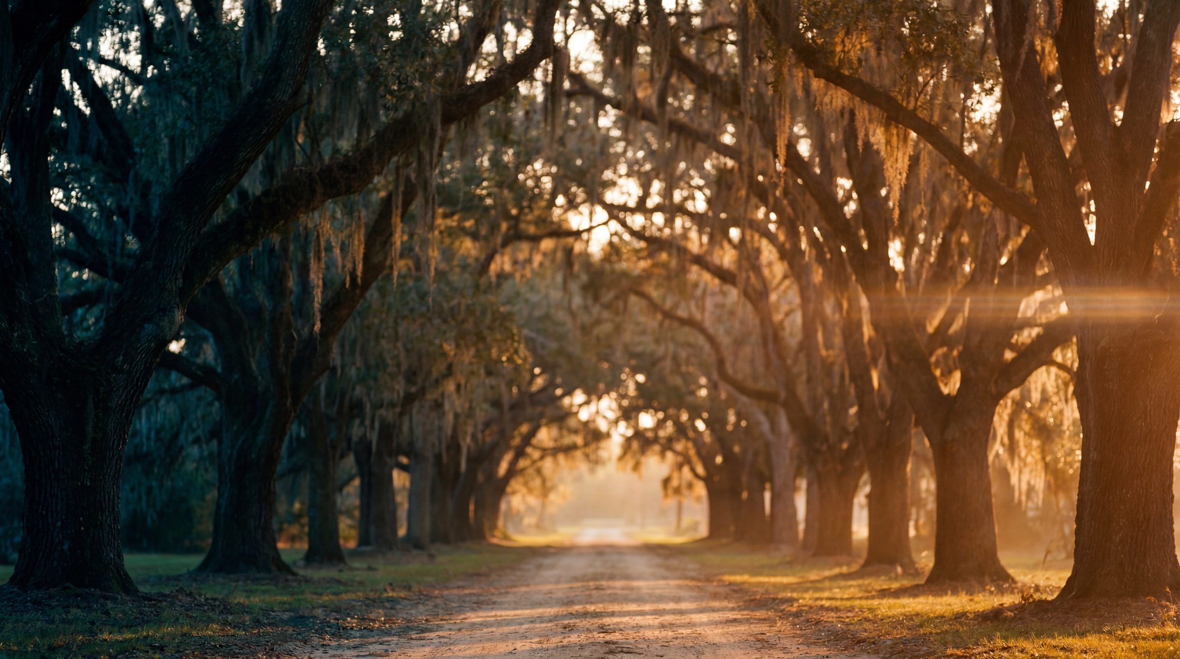 Live oak avenue at golden hour in the American South